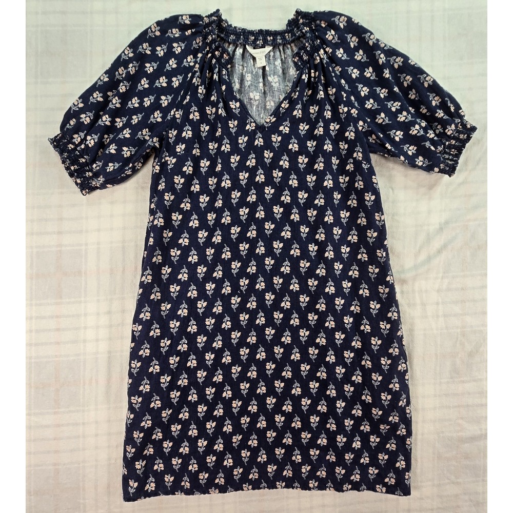 Garnet Hill 100% European Flax Linen Floral Shift Dress Navy Blue Pockets 6